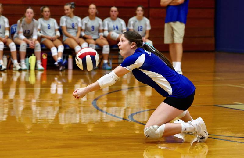 Princeton's Camryn Driscoll makes a pass in Tuesday's Three Rivers match at Prouty Gym. The Tigresses defeated Newman 2-0.