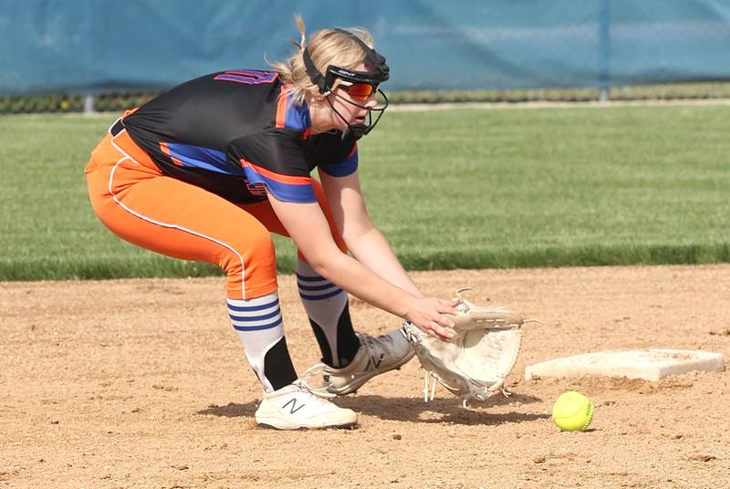 Genoa-Kingston's Emily Trzynka fields a ground ball during their Class 2A Regional quarter final game against Rockford Lutheran Monday, May 15, 2023, at Genoa-Kingston High School.