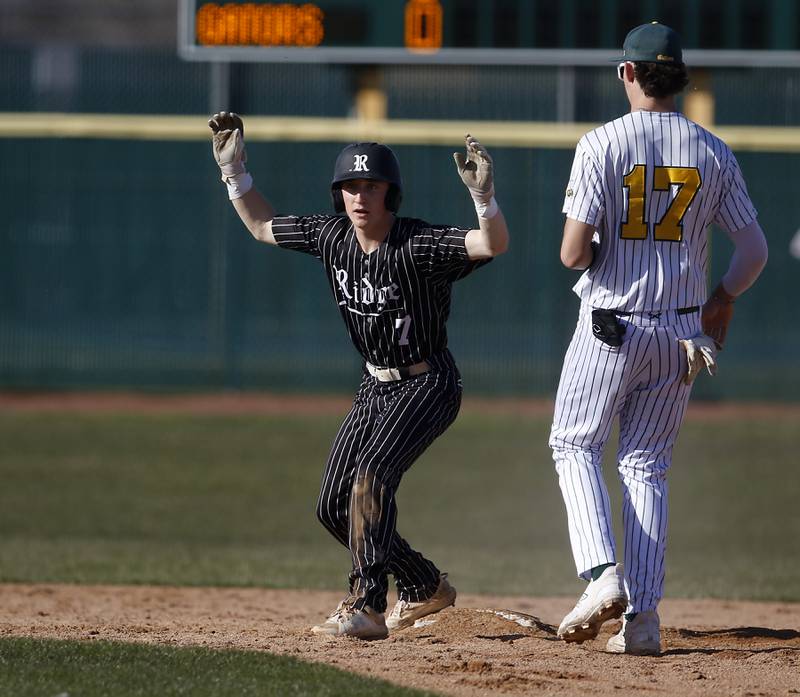 Prairie Ridge's Gabriel Winkelman celebrates a double during a Fox Valley Conference baseball game against Crystal Lake South  on Monday, April 8, 2024, at Crystal Lake South High School.