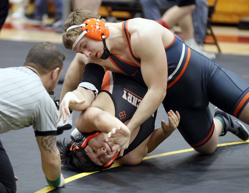 John Sarracco of Buffalo Grove wrestles Andy Lara of McHenry at 220 pounds during the Batavia wrestling invite Saturday January 14, 2023 in Batavia.