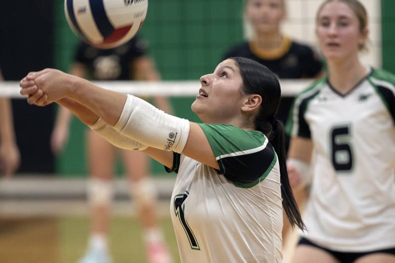 Rock Falls' Breanna Dallgas-Frey makes a a pass against Riverdale Tuesday, Oct. 28, 2025, in the Class 2A regional semifinal at Rock Falls.