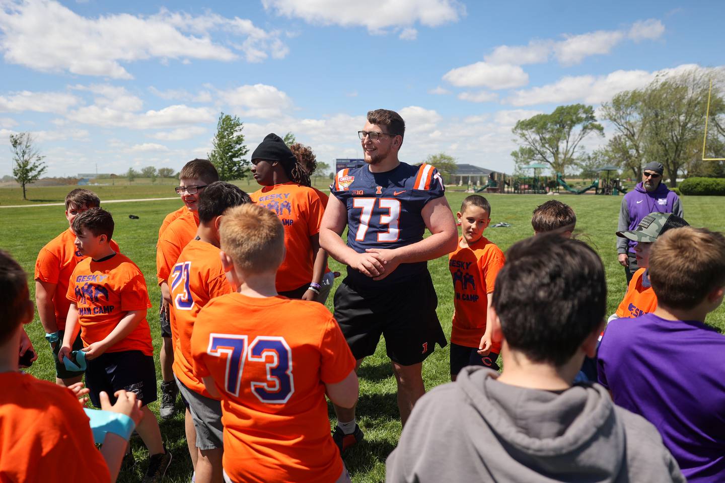 Josh Gesky, a former Manteno High School star and current offensive lineman at the University of Illinois, talks with youth participants at the conclusion of his inaugural Youth O-Line Camp at Legacy Park in Manteno on Saturday, May 17, 2025.