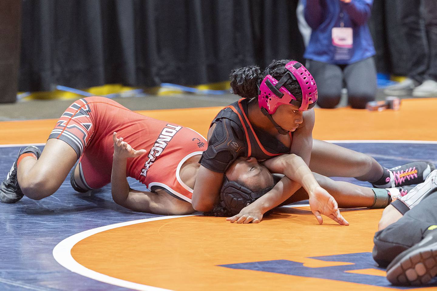 Jania Slaughter of Huntley pins Kameyah Young of Aurora in the third place 100 pounds match at the IHSA girls state wrestling championship Saturday, Feb. 25, 2023.