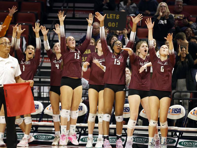 Lockport celebrates a point during the IHSA Class 4A girls volleyball third place match Saturday, Nov. 16, 2024 at CEFCU Arena in Normal.