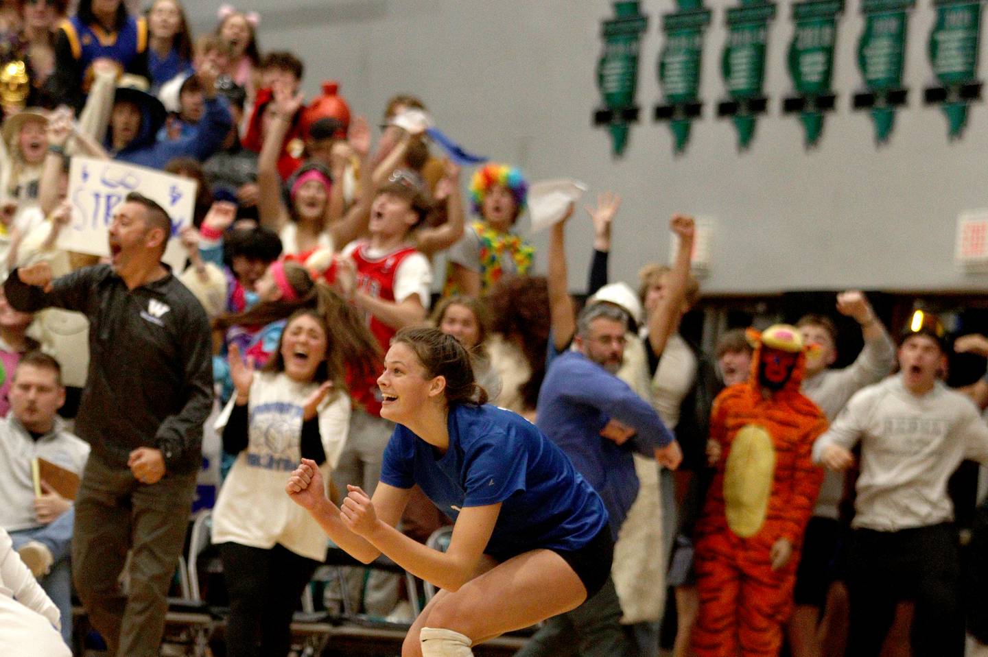 Woodstock’s Hallie Steponaitis and the Blue Streak faithful get revved up against Prairie Ridge in IHSA Class 3A sectional semifinal volleyball action at Woodstock North Monday. The Blue Streaks fell in three sets to the Wolves.