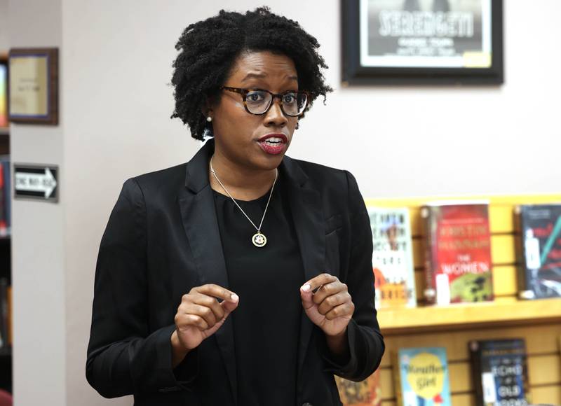 U.S. Rep. Lauren Underwood, D-Naperville, speaks Monday, Aug. 5, 2024, at the Flewellin Memorial Library in Shabbona during a community conversation regarding the Prairie Band Nation Potawatomi Tribe land transfer.