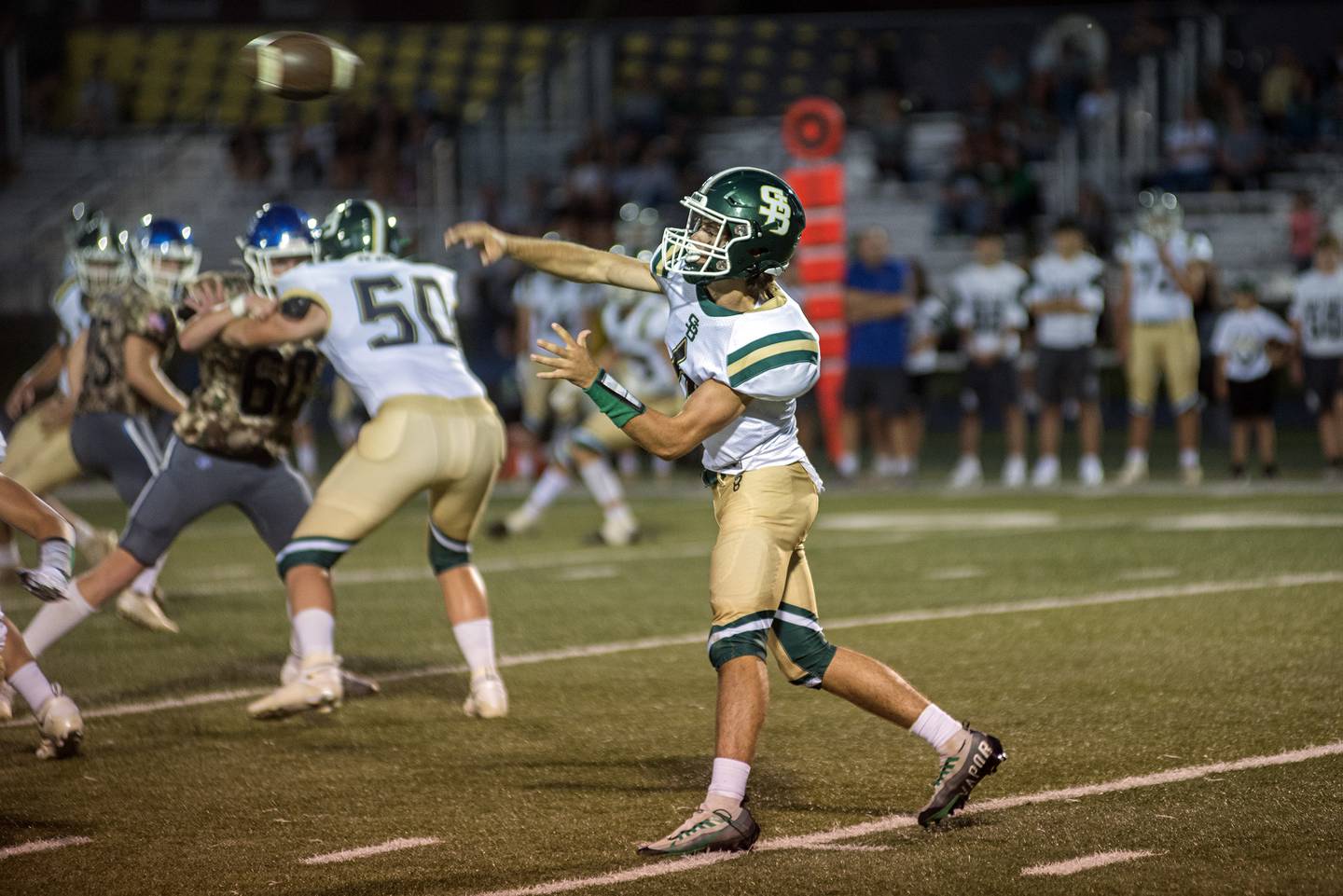 St. Bede’s John Brady fires a pass against Newman Friday, Sept. 16, 2022.