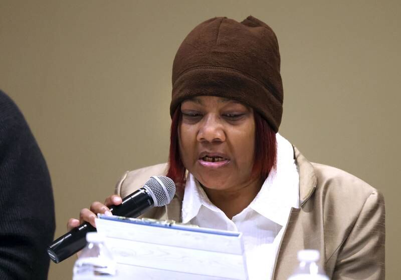 District 428 School Board candidate Twangie Smith speaks Thursday, March 20, 2025, during the DeKalb Area Rental Association and DeKalb Area Builders Association School Board Candidates Forum at Faranda's Banquets in DeKalb.