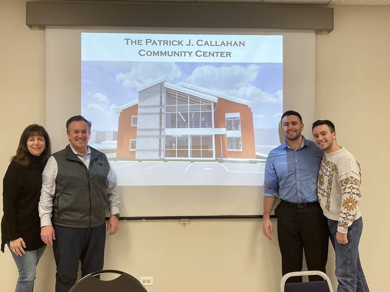 Batavia Park Board President Pat Callhan, second from left, pictured with his family, was honored at the March 21 board meeting when the board voted to name Batavia' future community center the Patrick J. Callahan Community Center.