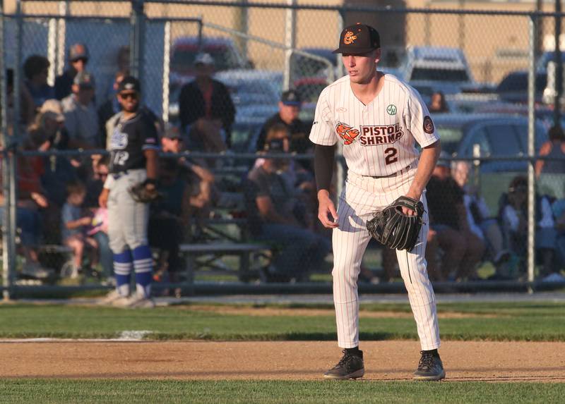 Pistol Shrimp's Chance Resetich of Spring Valley, plays third base against Rex during the Prospect League Championship Series on Wednesday, Aug. 7, 2024 at Schweickert Stadium in Peru.