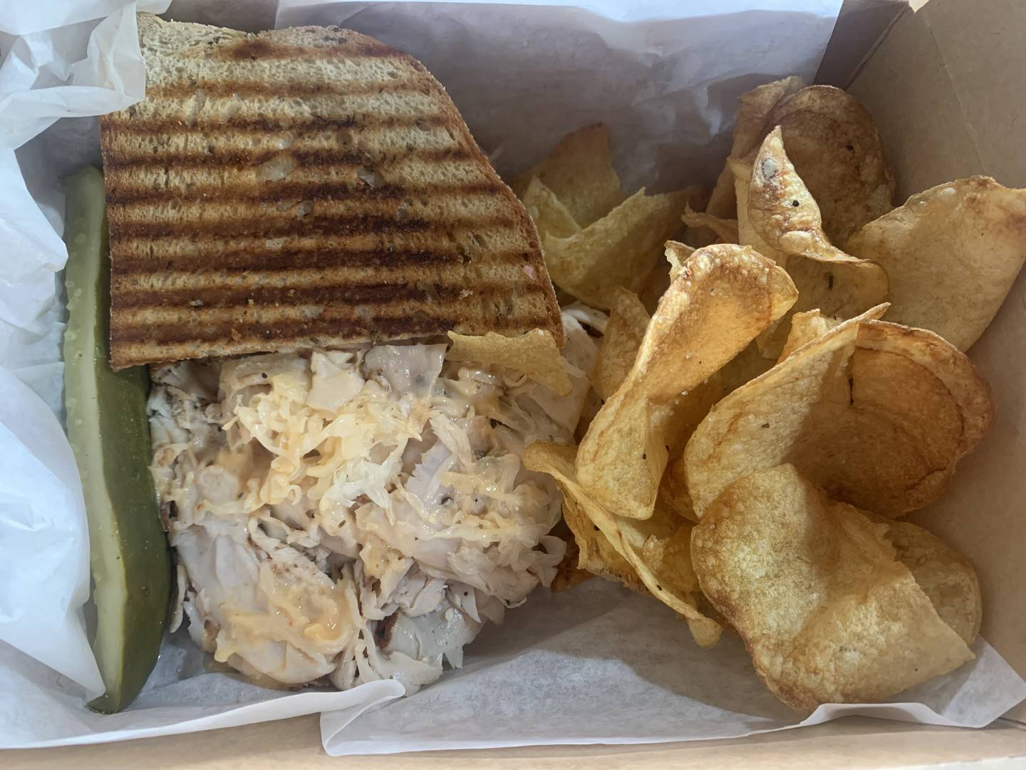 The Turkey Reuben at the Corned Beef Factory in Woodstock comes on a toasted rye bread with thousand island dressing, sauerkraut and Swiss cheese.