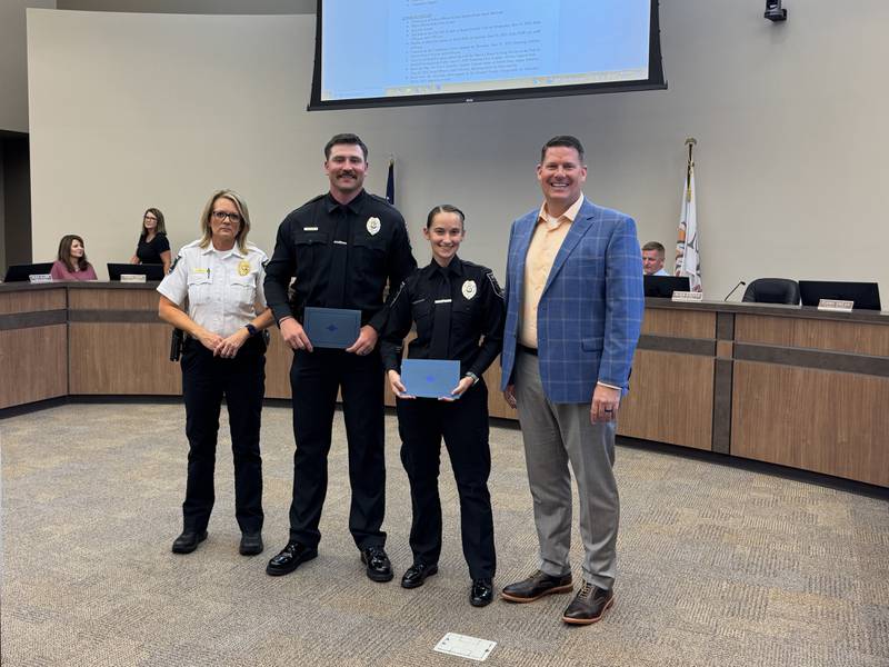 (From left) Police Chief Alicia Steffes, Officer Tyler Bordner, Officer Sarah Markusic, Mayor Chris Brown, taken on Monday, June 16, 2025.