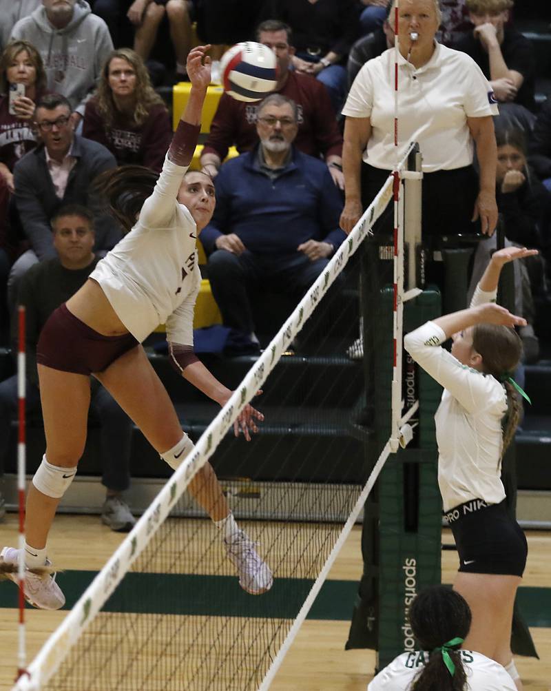Prairie Ridge's Maizy Agnello spikes the ball during the IHSA Class 3A Crystal Lake South Sectional final volleyball match against Crystal Lake South on Thursday, Nov. 7, 2024, at Crystal Lake South High School.