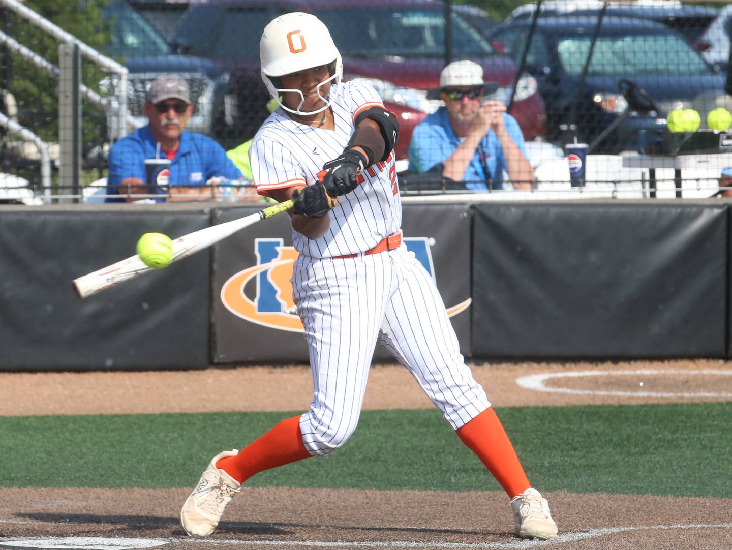 Oswego's Jaelynn Anthony makes contact with the ball against Barrington during the Class 4A championship game on Saturday, June 14, 2025 at the Louisville Slugger Sports Complex in Peoria.