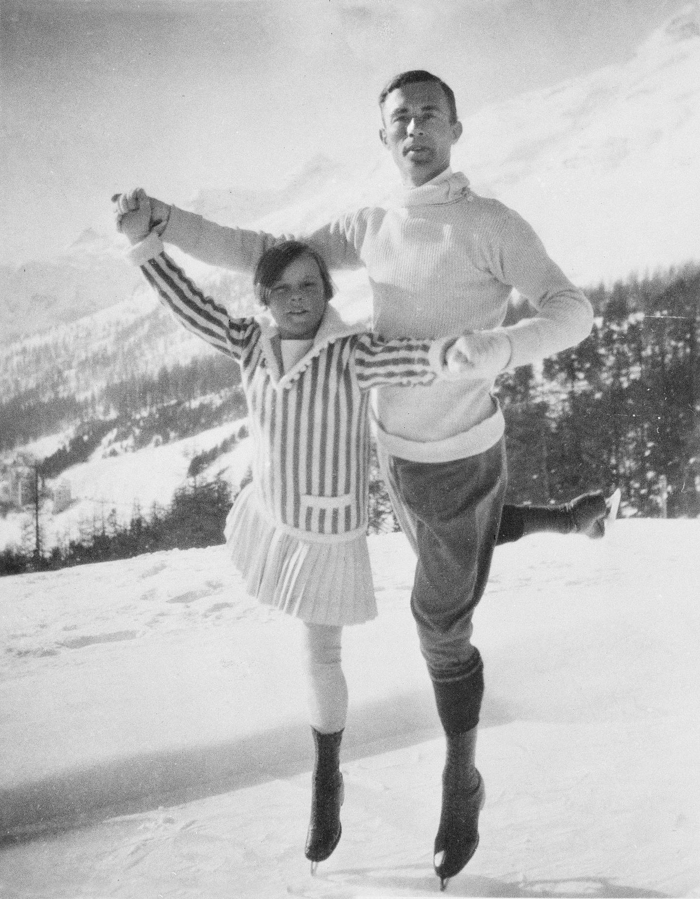 Eleven-year-old Sonja Henie (left) and world champion skater Gilles Grafstrom are shown on ice skates at the Olympic Games in Chamonix, France, in 1924. Henie won gold in the 1928, 1932 and 1936 Winter Olympic Games. Grafstrom, a seven-year world champion, won the Olympic gold medal in 1920, 1924 and 1928.