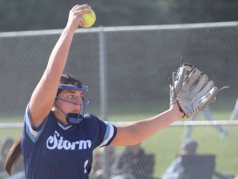 Bureau Valley's Madison Smith lets go of a pitch to Princeton on Thursday, April 25, 2024 at Bureau Valley High School.