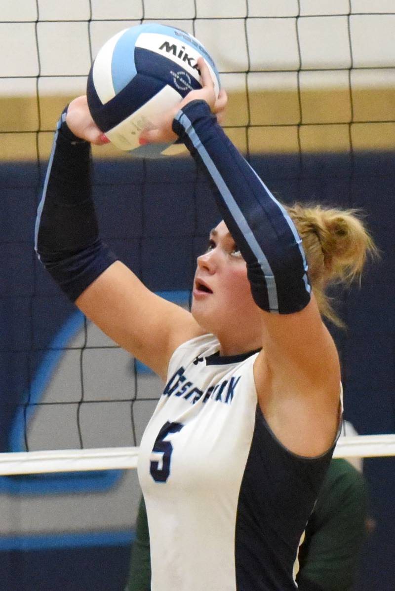 Cissna Park's Mady Marcott sets the ball during a home game against Bishop McNamara Wednesday, Oct. 15, 2025.