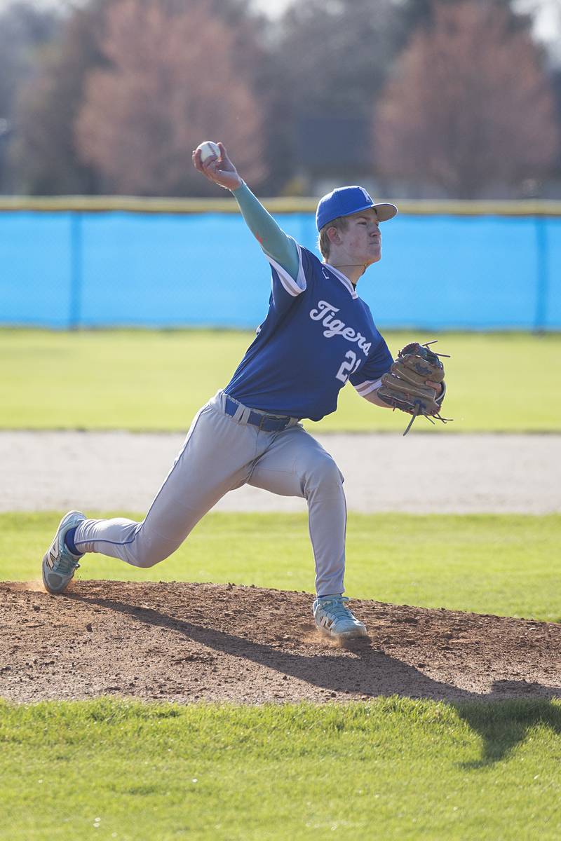 Princeton’s Braden Shaw fires a pitch against Newman Monday, April 6, 2026.