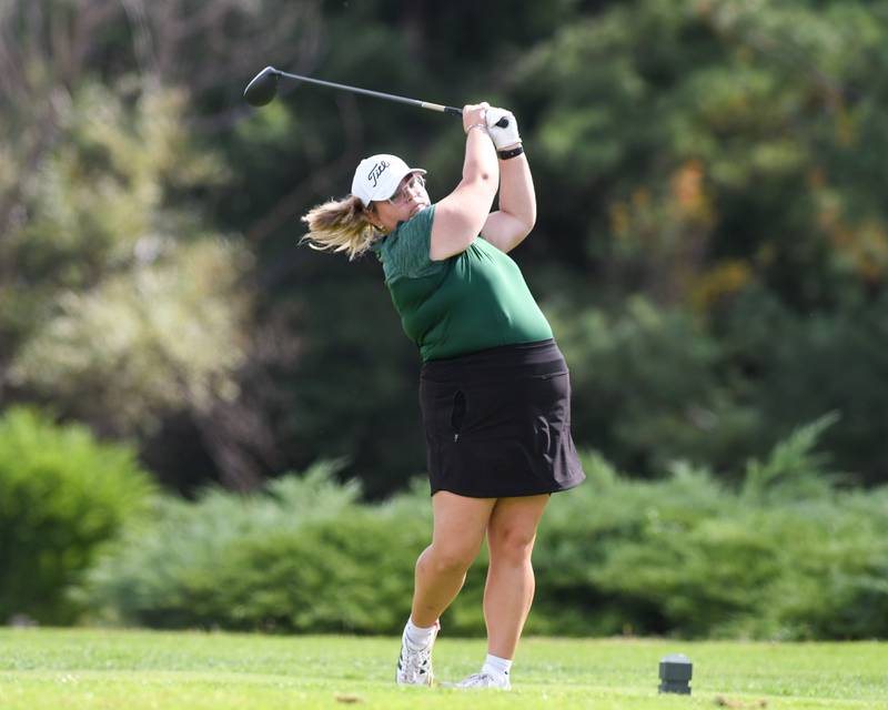 Caray Curtis of Plainfield Central watches her ball after teeing off during the Southwest Prairie conference meet on Wednesday Sept. 24, 2025, held at Blackberry Oaks Golf course in Bristal.