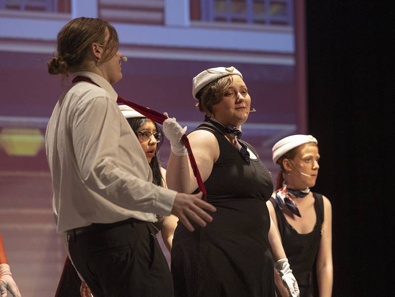 Cast members rehearse a scene Tuesday, May 5, 2026, for Rock Falls High School’s  upcoming performances of “Catch Me If You Can.”