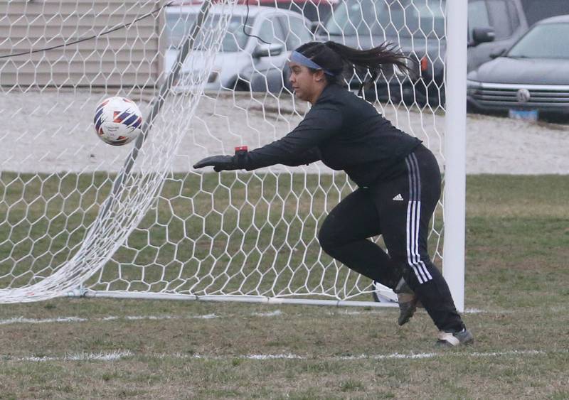 Streator's keeper Monsy Gonzalez stops the ball from going into the goal on Friday, March 24, 2023 in Streator.