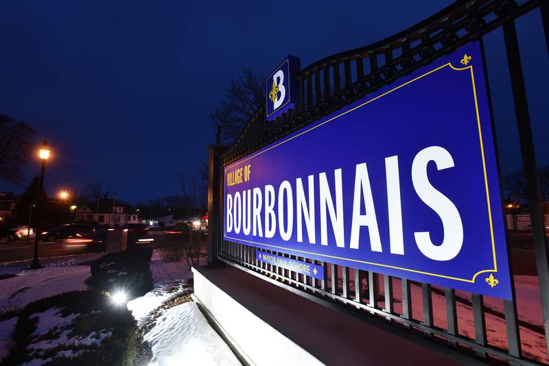 Traffic passes the Village of Bourbonnais' welcome sign on Route 45 and Main Street NW.