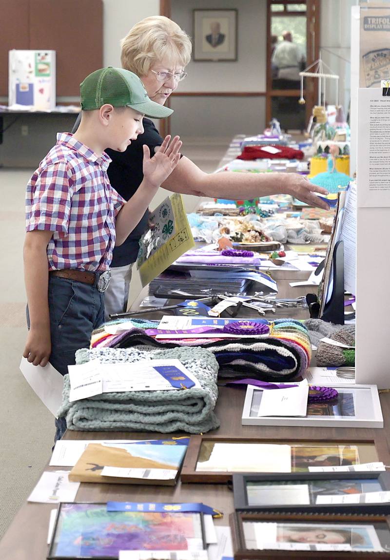 Harlan Marshall, 9, from DeKalb, and his grandma Sharon Marshall, also from DeKalb, check out some of the many exhibits Thursday, July 14, 2022, at the 4-H General Project Show at the DeKalb County Farm Bureau in Sycamore.