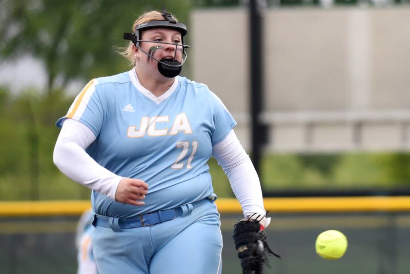 Joliet Catholic's Nina Sebahar throws a pitch during the Class 2A Coal City Regional semifinals against Coal City Wednesday, May 21, 2025.