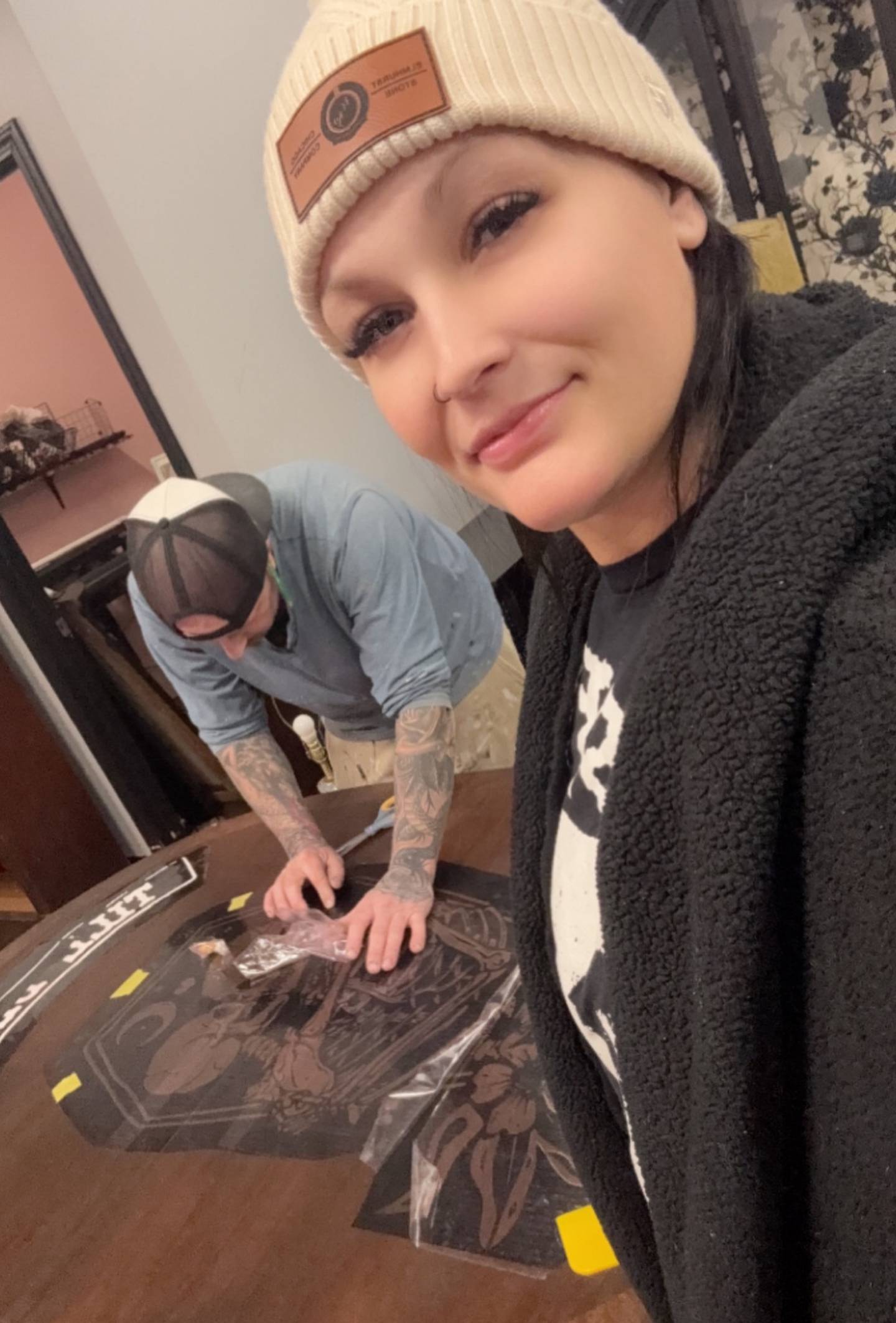 Crystal Edge and her partner Josh Larson work on new furniture pieces for the Edge Designs store.