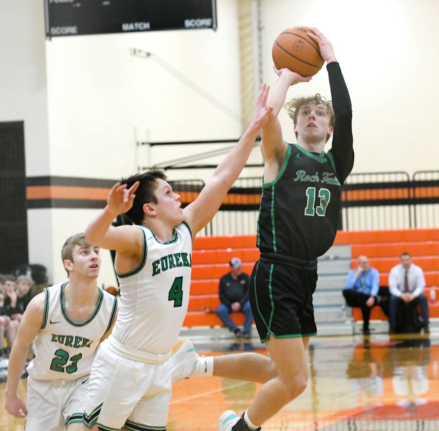 Rock Falls' Ayden Goff shoots as Eureka's Justis Bachman tries to get a piece of the ball Thursday at the 2A Byron Regional.