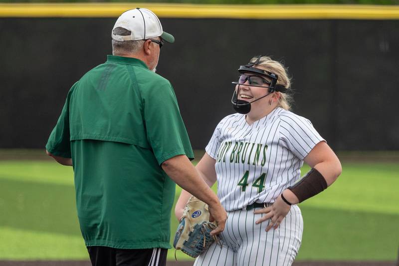 (44) Macy Strauch of St. Bede talks with coach Rick Pyszka on Tuesday, May 27, 2025 at Illinois Valley Central High School in Chillicothe.