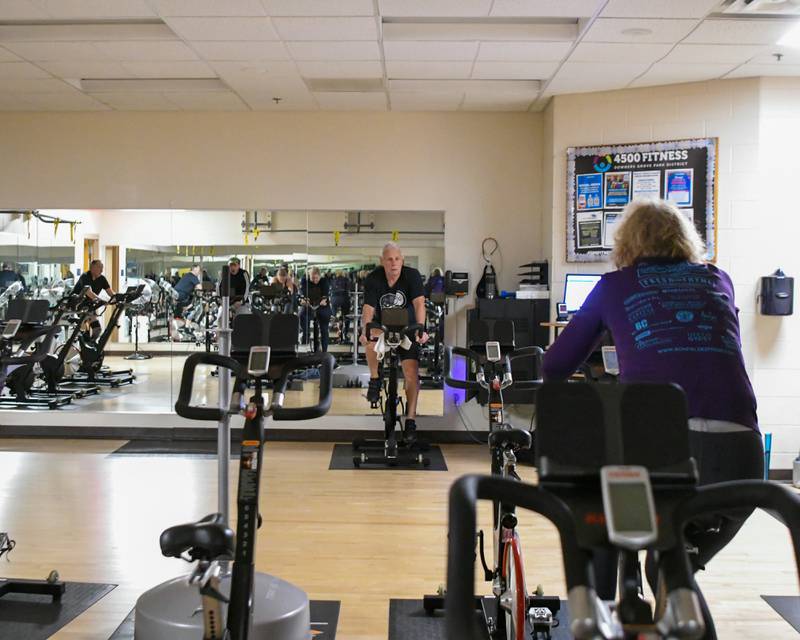 Gary Gard teaches a cycling class on Saturday Jan. 11, 2025, during the FitFest event held at the Downers Grove Park District recreation center.