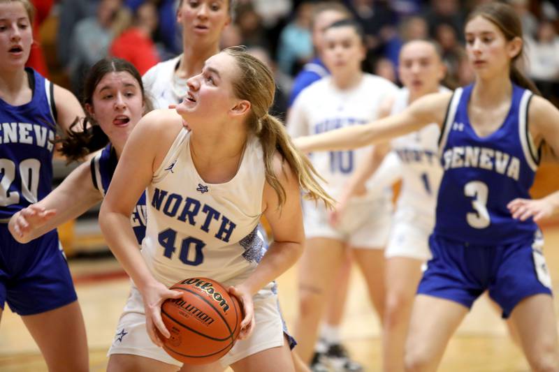 St. Charles North’s Elle Fuhr looks to shoot the ball during a Class 4A Batavia Sectional semifinal game on Tuesday, Feb. 20, 2024.