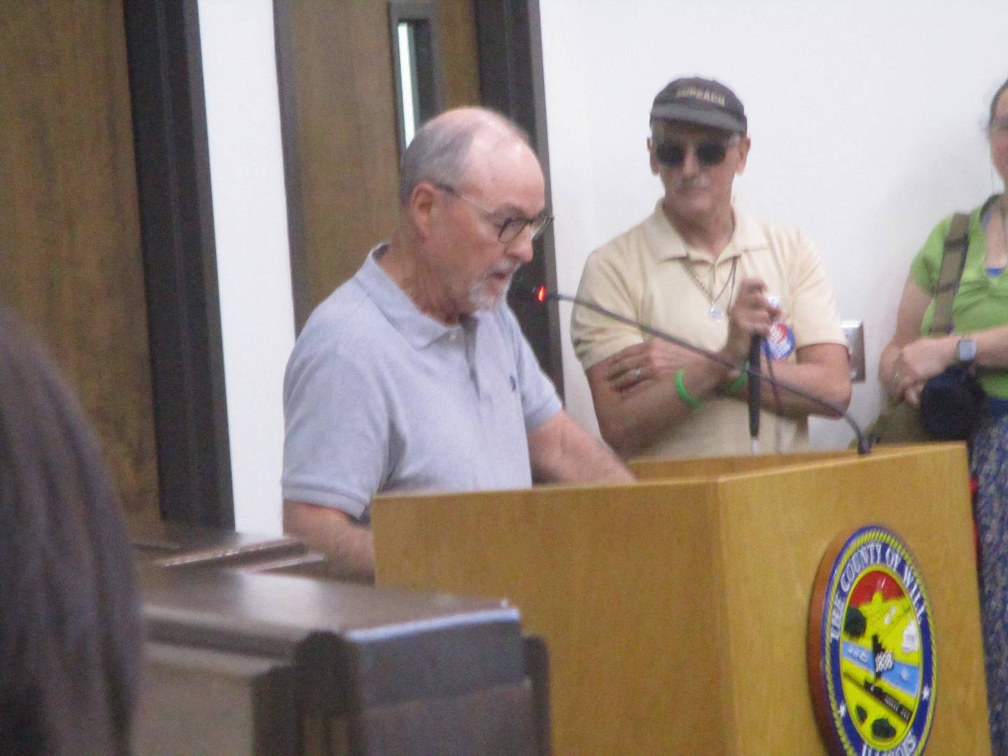 Tim Shanahan of Manhattan Township speaks against the Pride of the Prairie solar project at the Will County Board meeting on Thursday at the Will County Office Building in Joliet. May 21, 2026