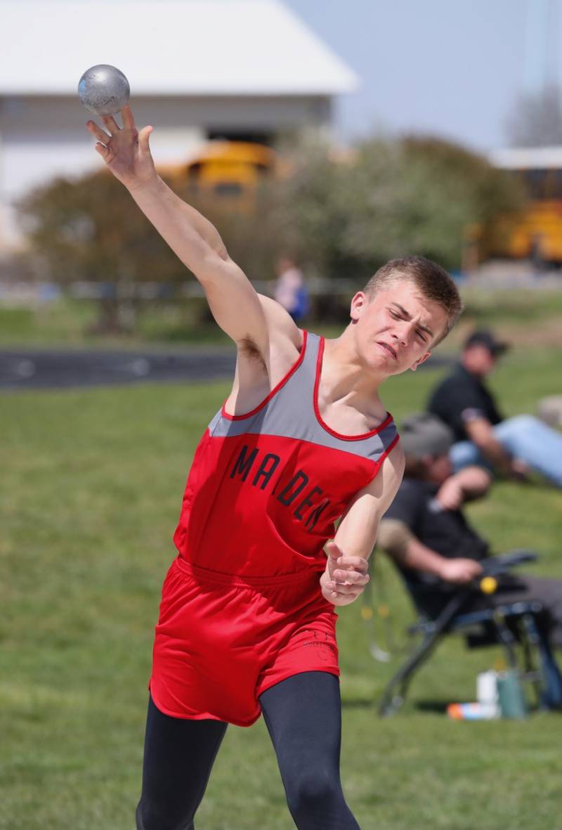 Malden's Lane Goskusky throws the shot in the Bureau County Junior High School track meet.