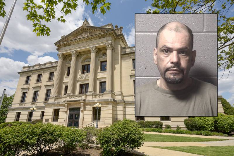 Angel M. Padilla, 54, of the 200 block of Augusta Avenue in DeKalb, was found guilty by a jury of his peers in September 2021 of aggravated vehicular hijacking, a class 1 felony, aggravated domestic battery and aggravated assault. He was sentenced by Judge Marcy Buick on April 27, 2022 to 30 years in prison, according to court records. (Inset provided by DeKalb County Jail, courthouse photo by Mark Black for Shaw Local)