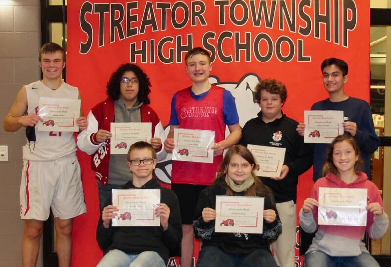 Streator High School named the January students of the month. They are (left to right, row one) Wyatt Shultz (Fine Arts/Social Studies Department); Elizabeth Bruce (Student Services Department) and Addison Mumm (Career and Technical Ed Department) (left to right, row two) Landon Muntz (English/Foreign Language Department); Christopher Moreno (Health & Fitness/P.E./Drivers Ed Department); Nolan Lukach (English/Foreign Language Department); Palmer Phillis (Science Department) and Connor Novotney (Math Department). Not pictured are Octavio Molina (Fine Arts/Social Studies Department) and Alexia Arellano (Guided Program for Success Department).