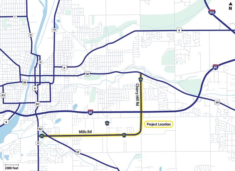 Map of the Mills Road-Cherry Hill Road corridor.