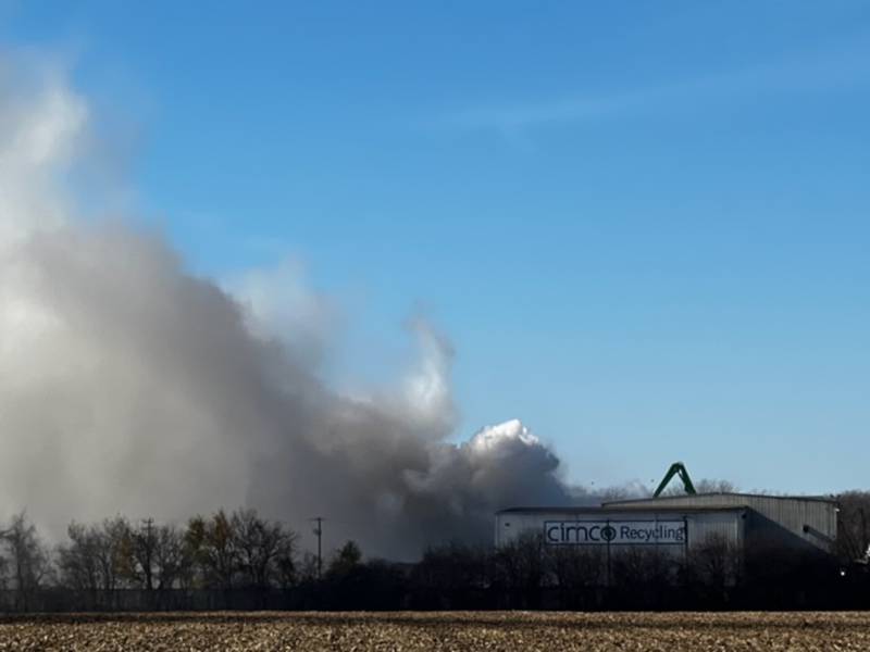 Smoke billows Monday, Nov. 11 2024, from a fire outside Cimco Recycling near Sterling. Fifteen fire departments fought the blaze for nearly nine hours.