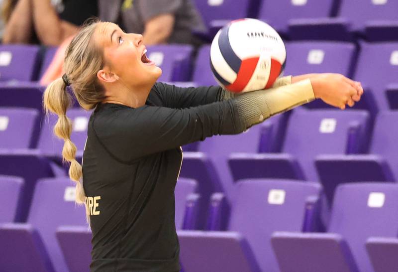 Sycamore's Lana Walker saves a ball against Rochelle Tuesday, Oct. 28, 2025, during their Class 3A regional semifinal match at Rochelle High School.