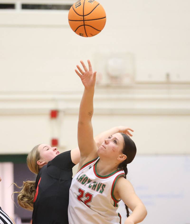 L-P's Brianna Ruppert wins the jump ball over Hall's Caroline Morris on Monday, Jan. 12, 2026 in Sellett Gymnasium at L-P High School.