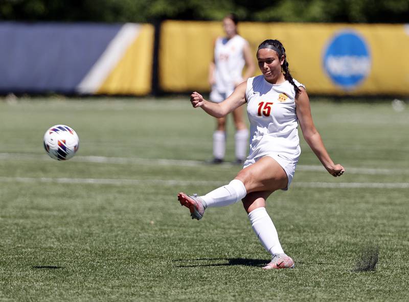 Richmond-Burton's Bri Maldonado (15) takes a free kick during the Class 1A Dominican super-sectional between Willows Academy and Richmond-Burton HS in River Forest on Saturday, May 25, 2024.