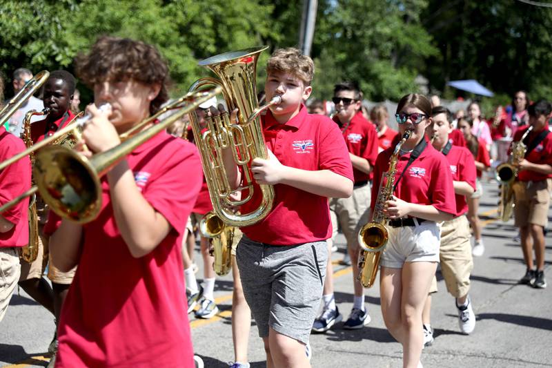 Members of the Monroe Middle School marching band perform during Wheaton’s annual Memorial Day Parade on Monday, May 29, 2023.