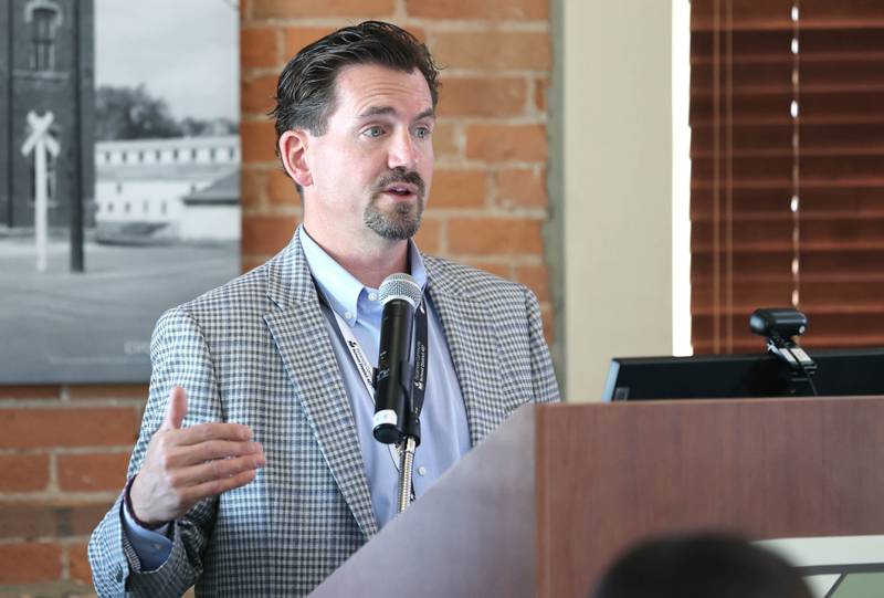 Steve Wilder, superintendent of Sycamore School District 427, speaks during the State of the Community address Thursday, May 11, 2023, in the DeKalb County Community Foundation Freight Room in Sycamore. The event was hosted by the Sycamore Chamber of Commerce.