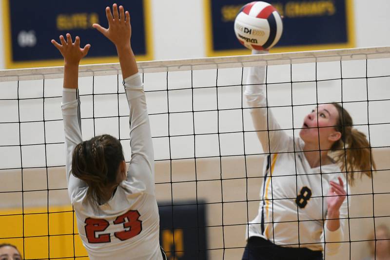 Polo's Bekah Zeigler spikes against Amboy's Tyrah Vaessen during Thursday night action.