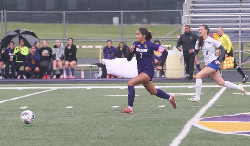 Mendota's Crystal Garcia sprints ahead of Princeton's Addy Dever to score on a breakaway during the Class 1A Regional final game on Tuesday, May 20, 2025 at Mendota High School.