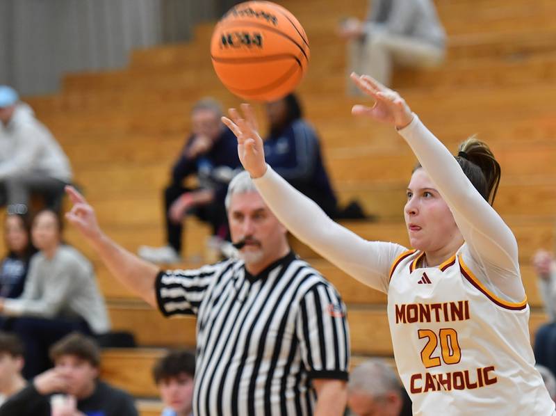 Montini’s Lily Spanos launches a three pointer during a Coach Kipp Hoopsfest game against Nazareth Academy on January 20, 2025 at Benet Academy in Lisle.