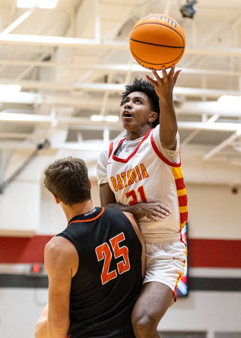 Batavia guard Xavier Justice goes up for a layup during a home game against Wheaton Warrenville South on Tuesday, Jan. 7, 2025.