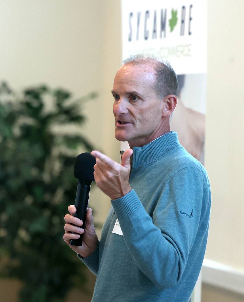 Steve Henn, from Ideal Industries, Inc., speaks after Ideal Industries was named the winner of the Community Diamond Award during the Sycamore Chamber of Commerce Annual Meeting Thursday, March 6, 2025, at St. Mary's Catholic Church in Sycamore.