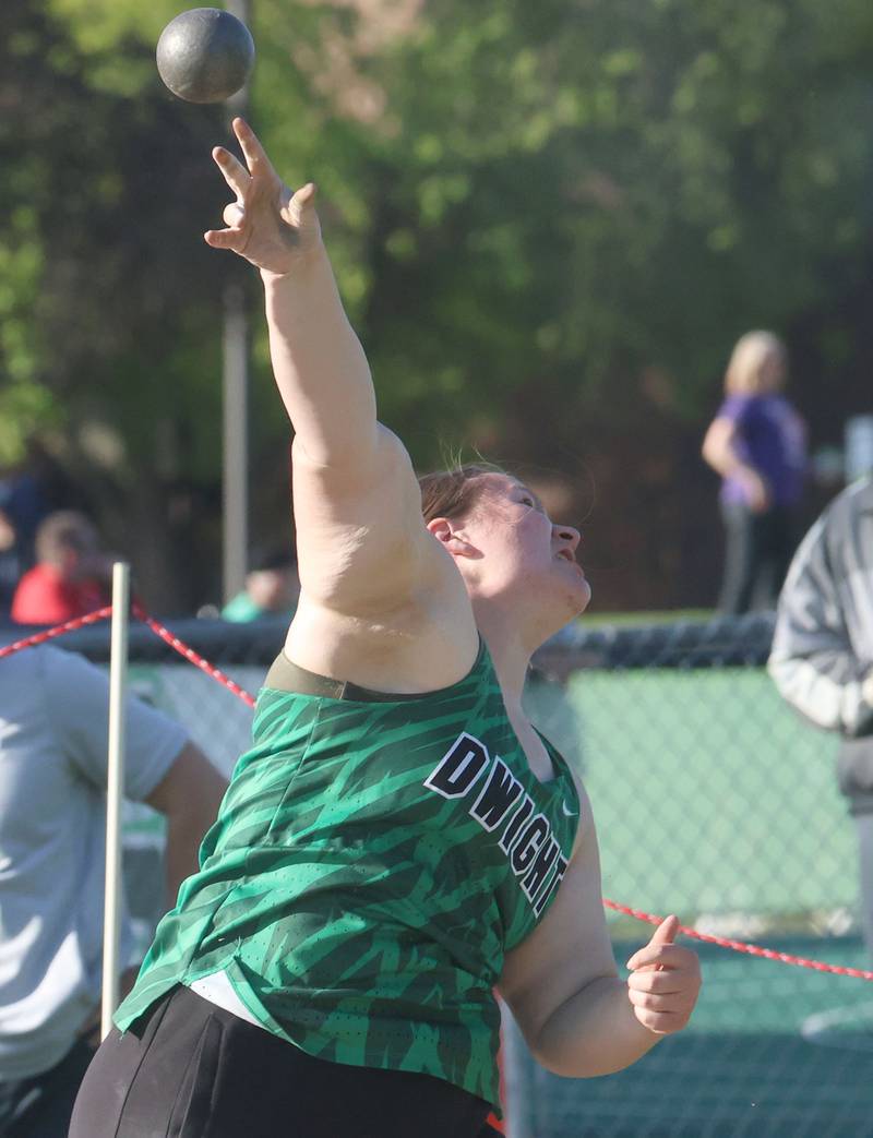 Dwight's Emma Eggenberger throws discus during the Class 1A Sectional meet on Thursday, May 14, 2026 at Seneca High School.